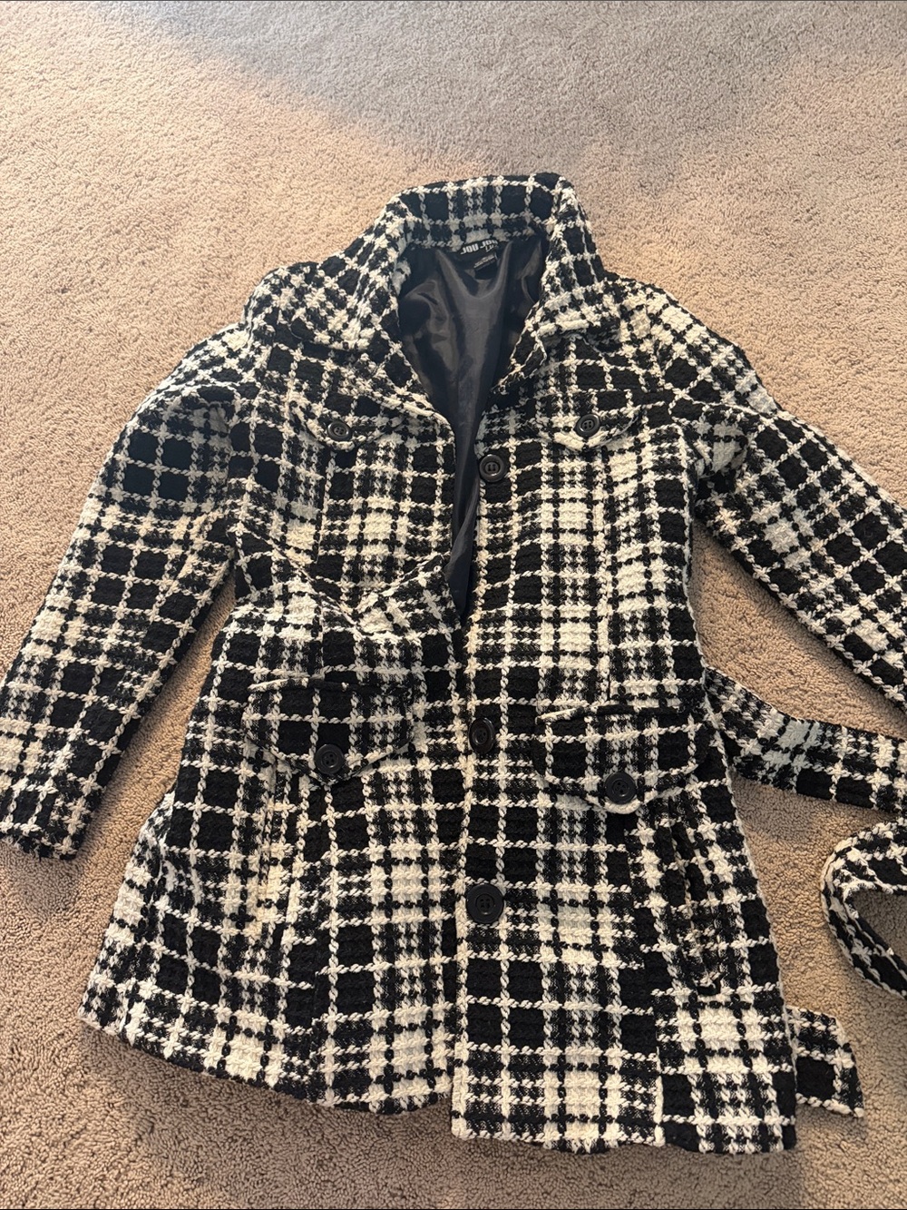 Jou Jou Black & White Plaid Pea Coat